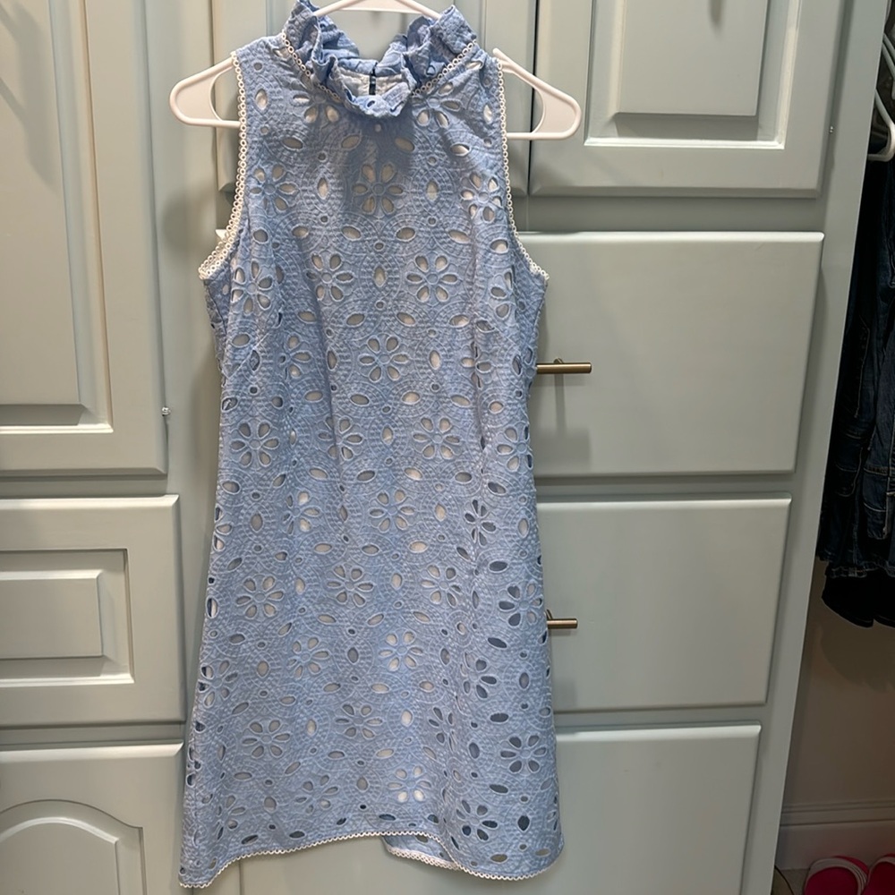Sara Campbell light blue cotton eyelet lace dress with ruffle collar